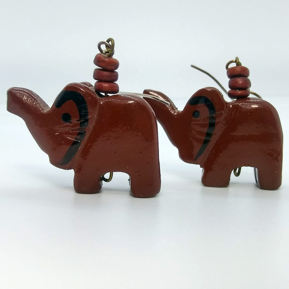 Vintage Hand-Carved Wood Elephant Dangle Earrings